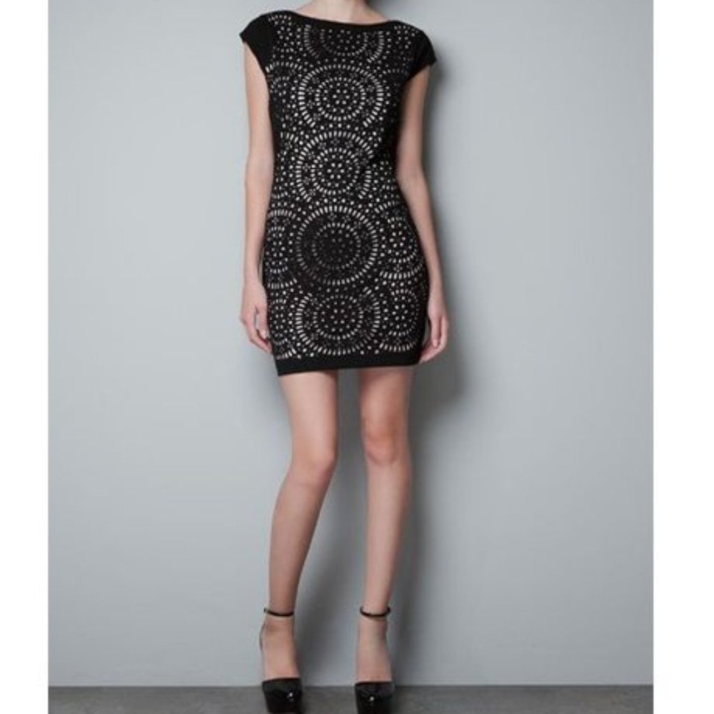 ZARA Black Laser Cut Short Sleeve Mini Dress